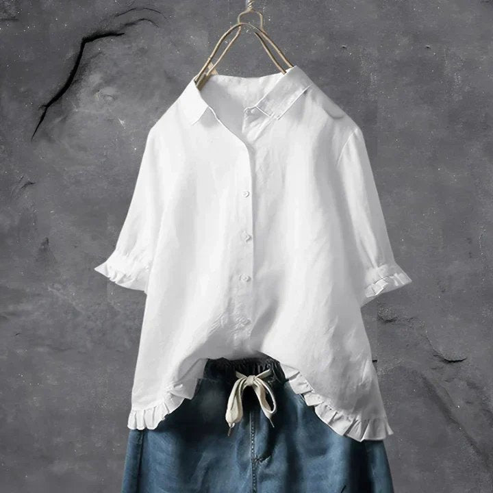 Women's Linen Ruffle-Sleeve Button-Down Shirt - White