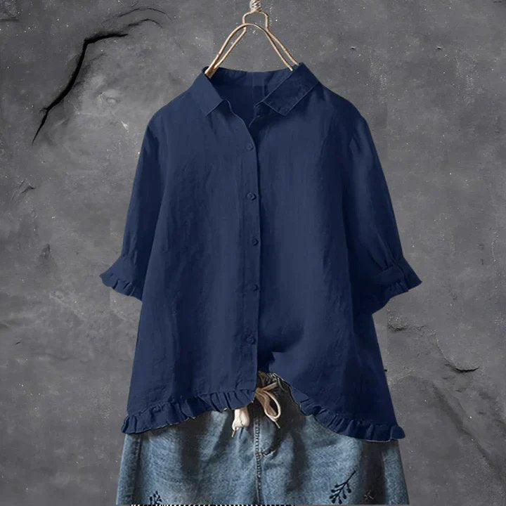 Women's Linen Ruffle-Sleeve Button-Down Shirt - Navy