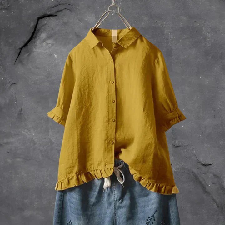 Women's Linen Ruffle-Sleeve Button-Down Shirt - Yellow