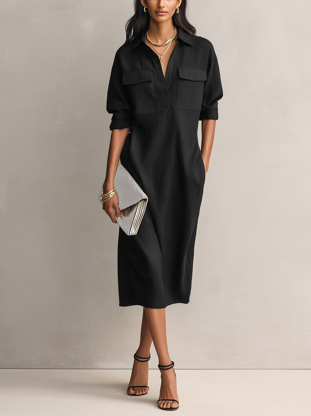 Women's Linen V-Neck Midi Shirt Dress with Chest Pockets