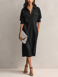 Women's Linen V-Neck Midi Shirt Dress with Chest Pockets