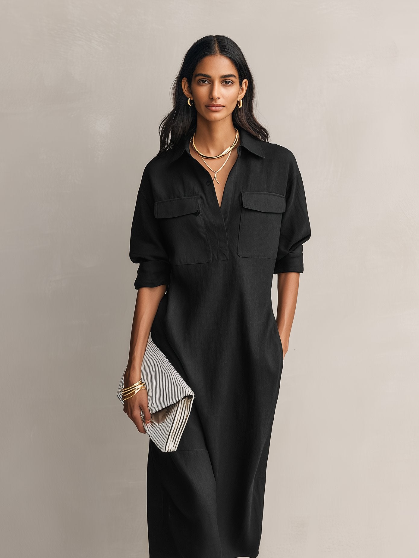Women's Linen V-Neck Midi Shirt Dress with Chest Pockets