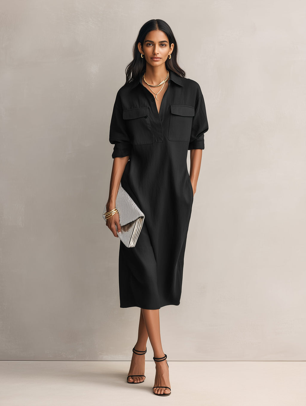 Women's Linen V-Neck Midi Shirt Dress with Chest Pockets