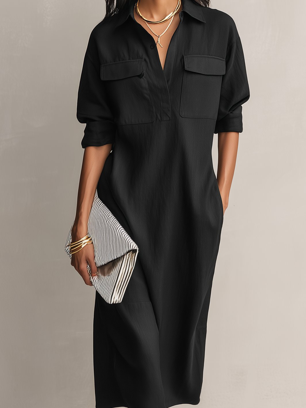 Women's Linen V-Neck Midi Shirt Dress with Chest Pockets