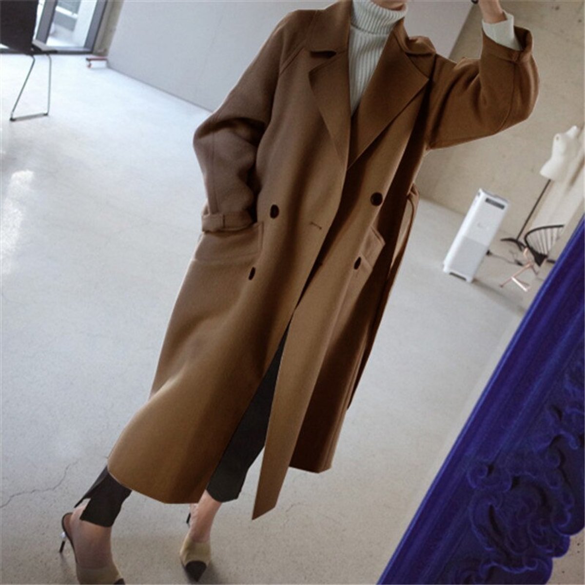 Women's Long Double-Breasted Wool-Blend Overcoat