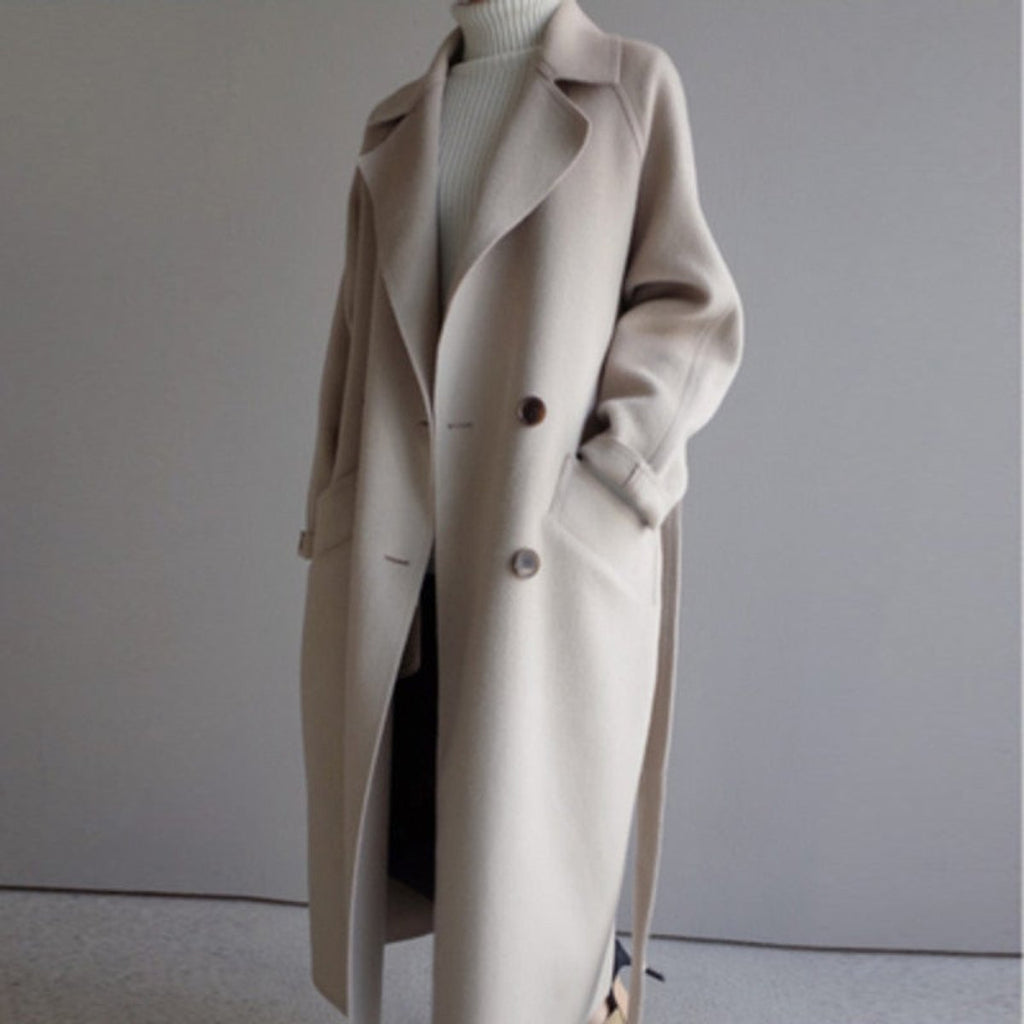 Women's Long Double-Breasted Wool-Blend Overcoat - Off-White