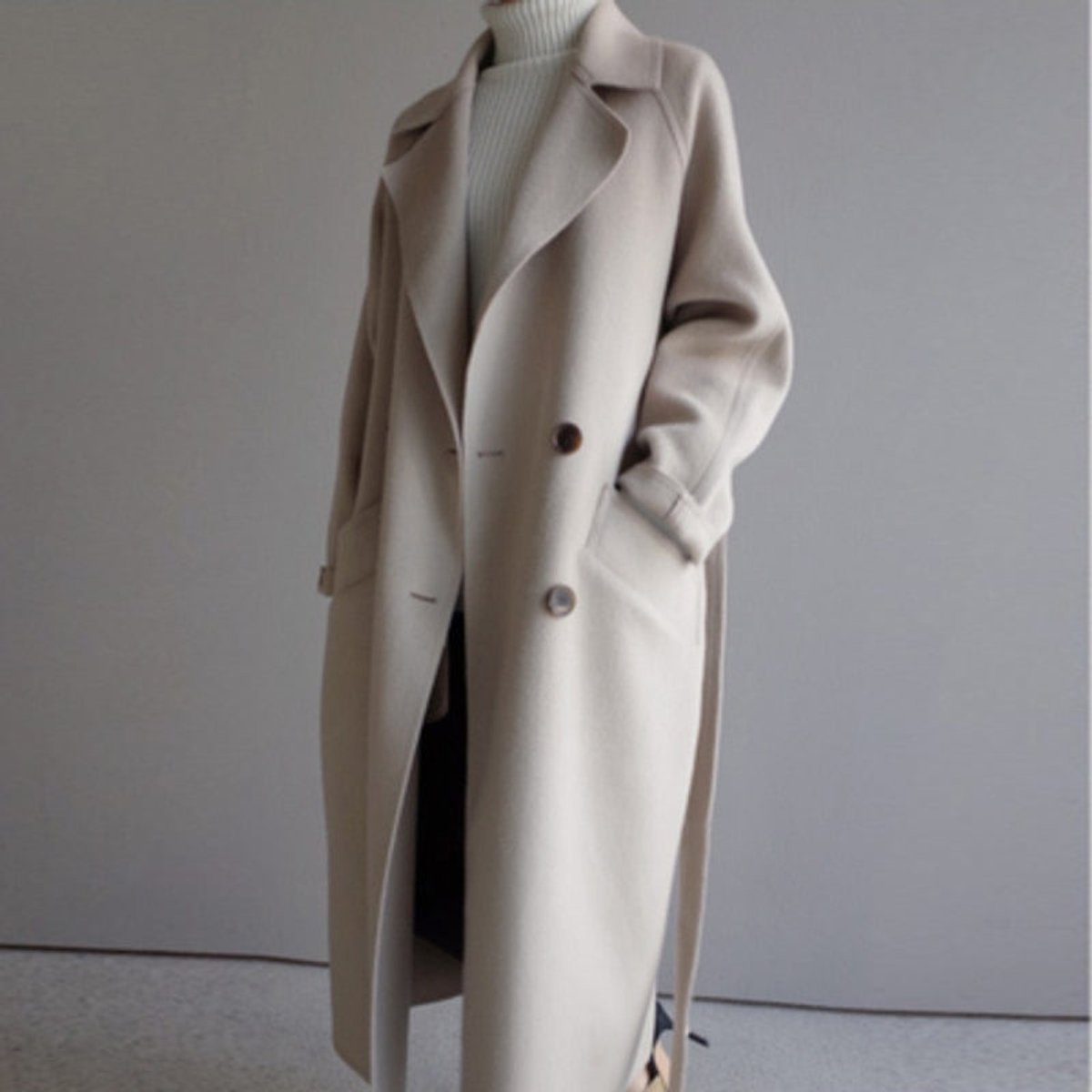 Women's Long Double-Breasted Wool-Blend Overcoat - Off-White