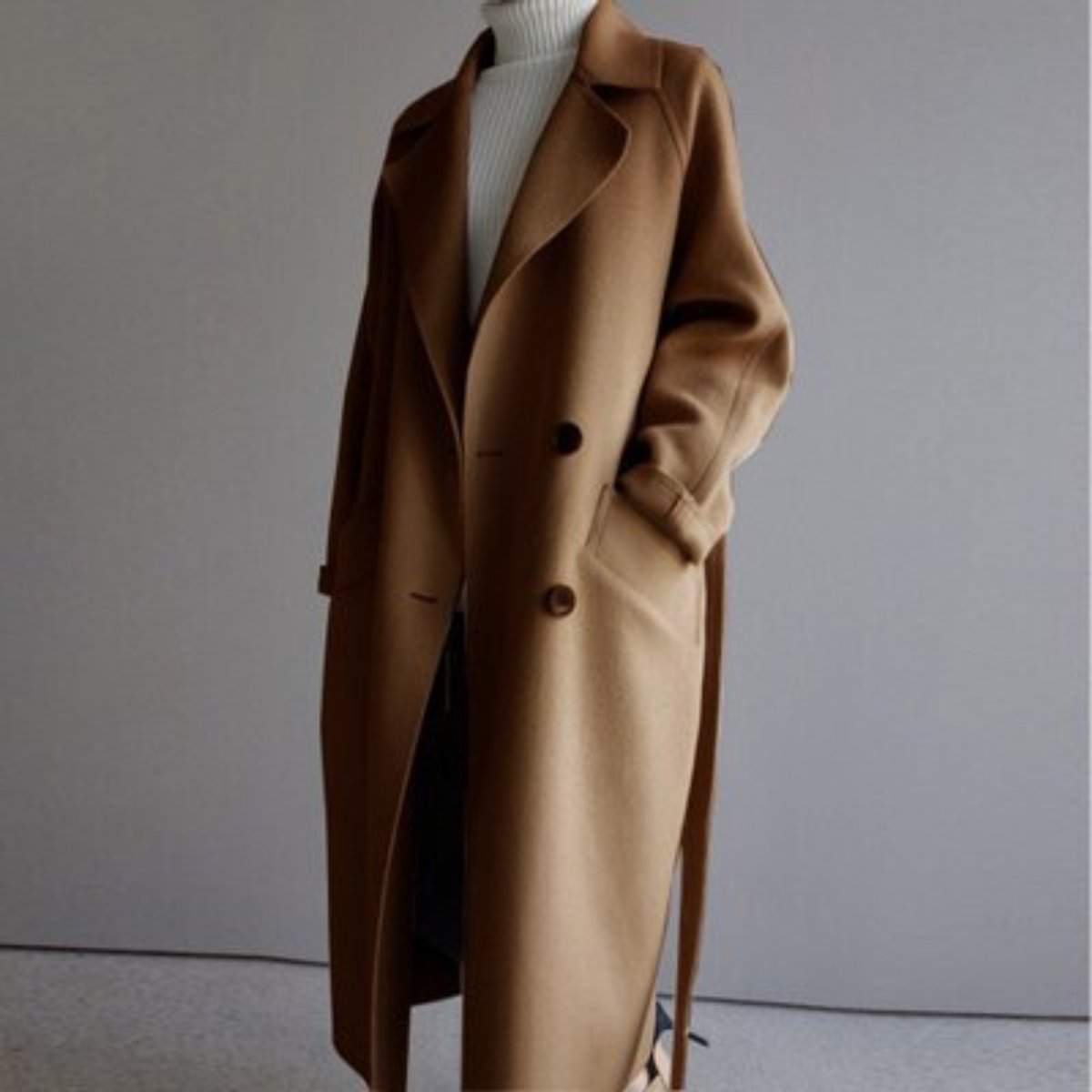 Women's Long Double-Breasted Wool-Blend Overcoat - Caramel