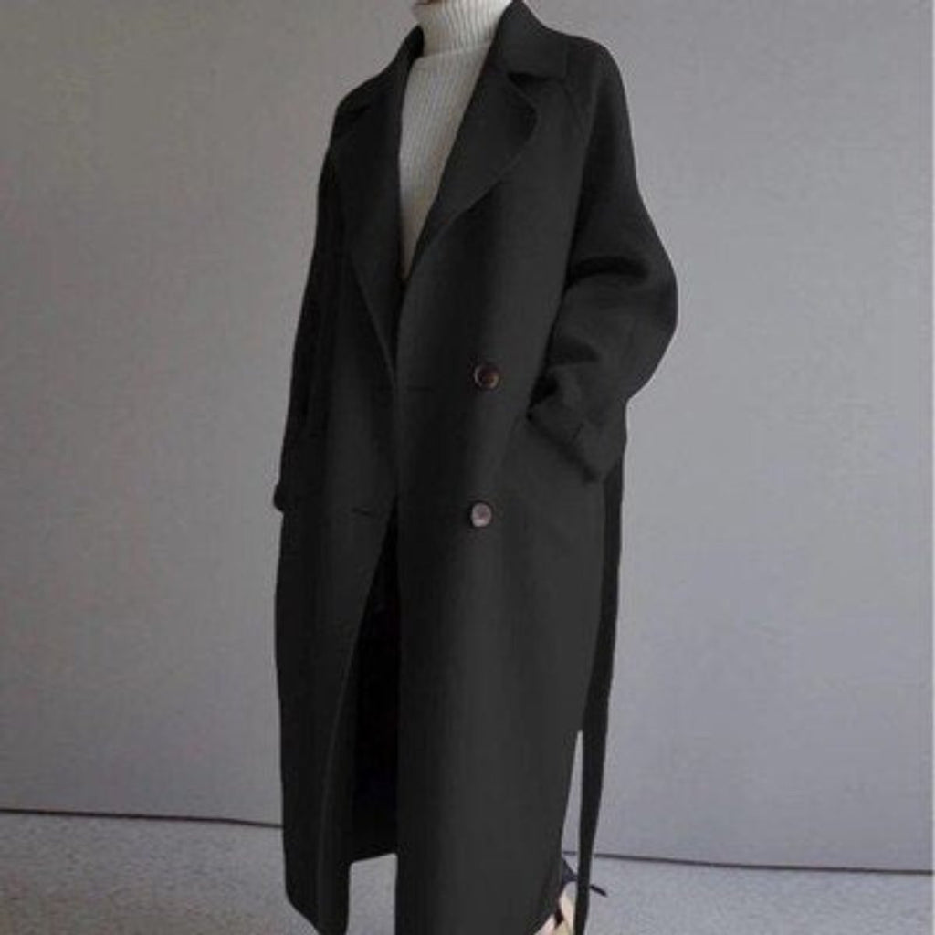 Women's Long Double-Breasted Wool-Blend Overcoat - Black