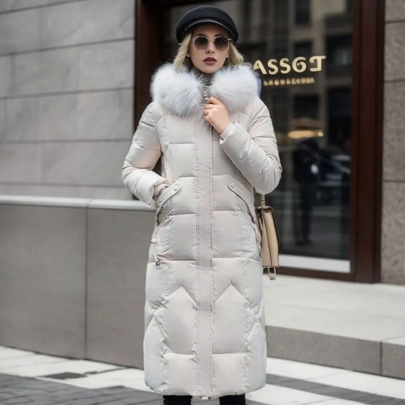 Women's Long Hooded Fur-Trim Quilted Coat
