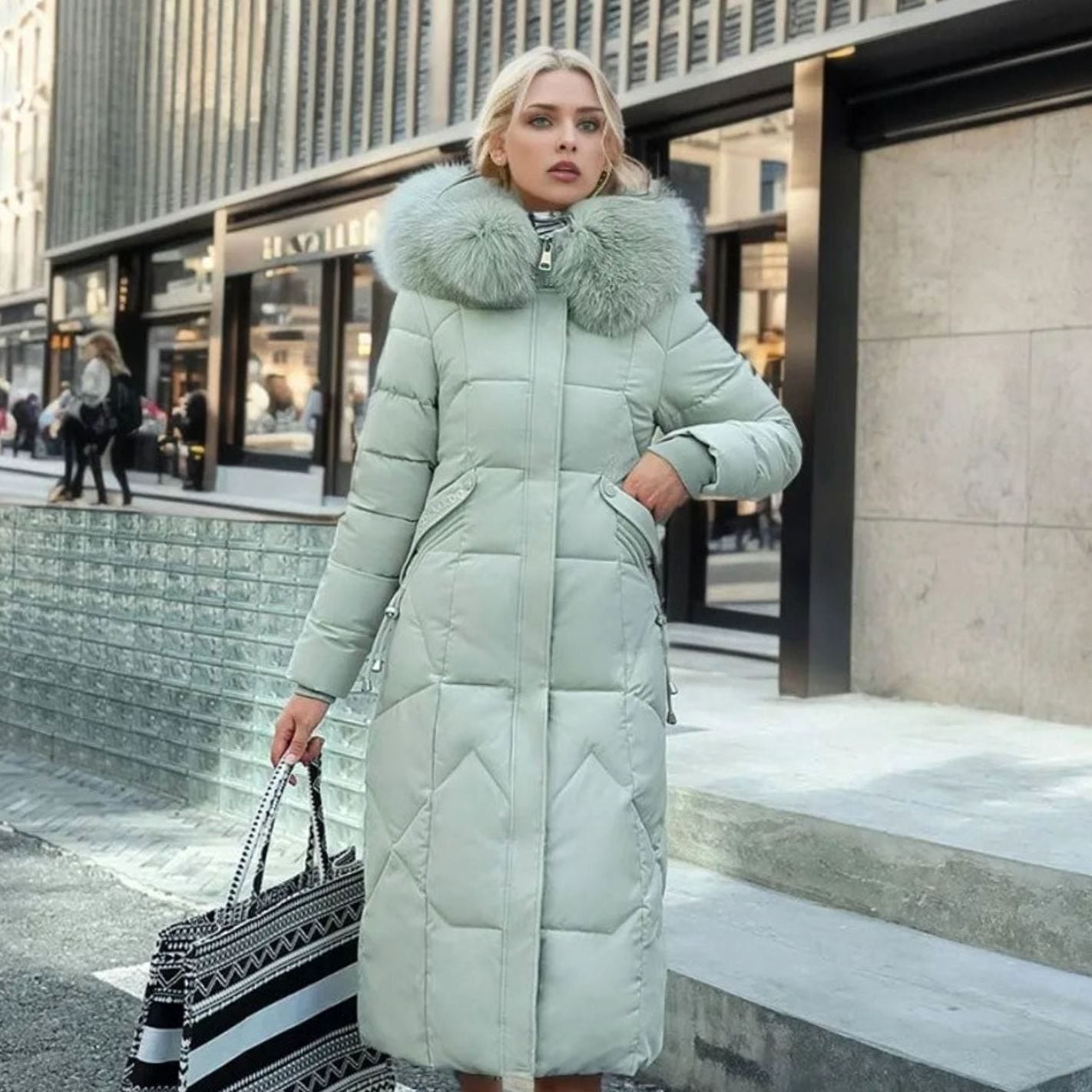 Women's Long Hooded Fur-Trim Quilted Coat - Green