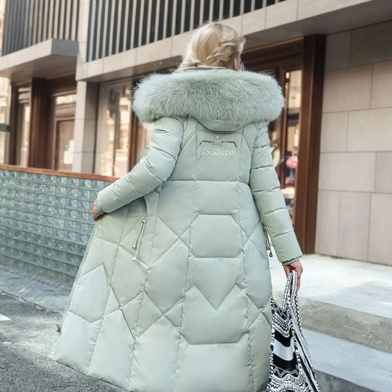 Women's Long Hooded Fur-Trim Quilted Coat