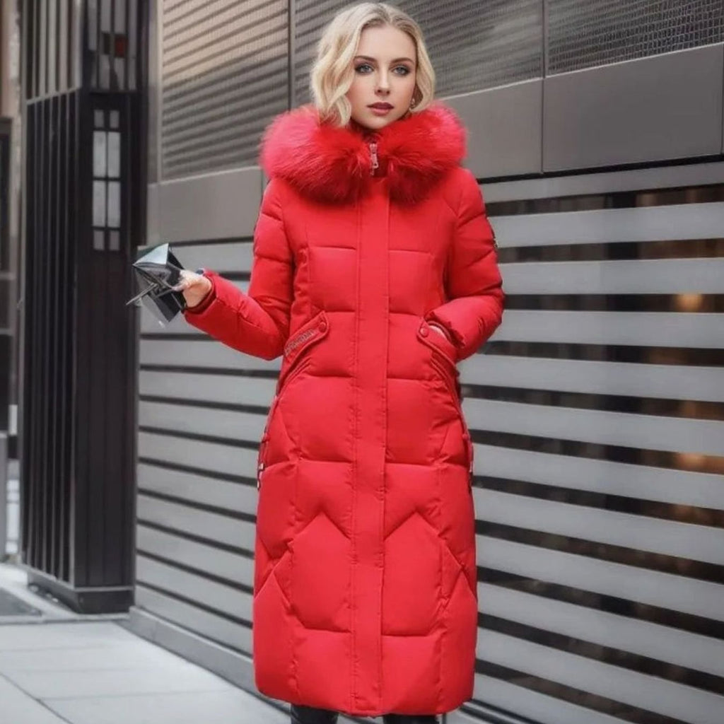 Women's Long Hooded Fur-Trim Quilted Coat - Red