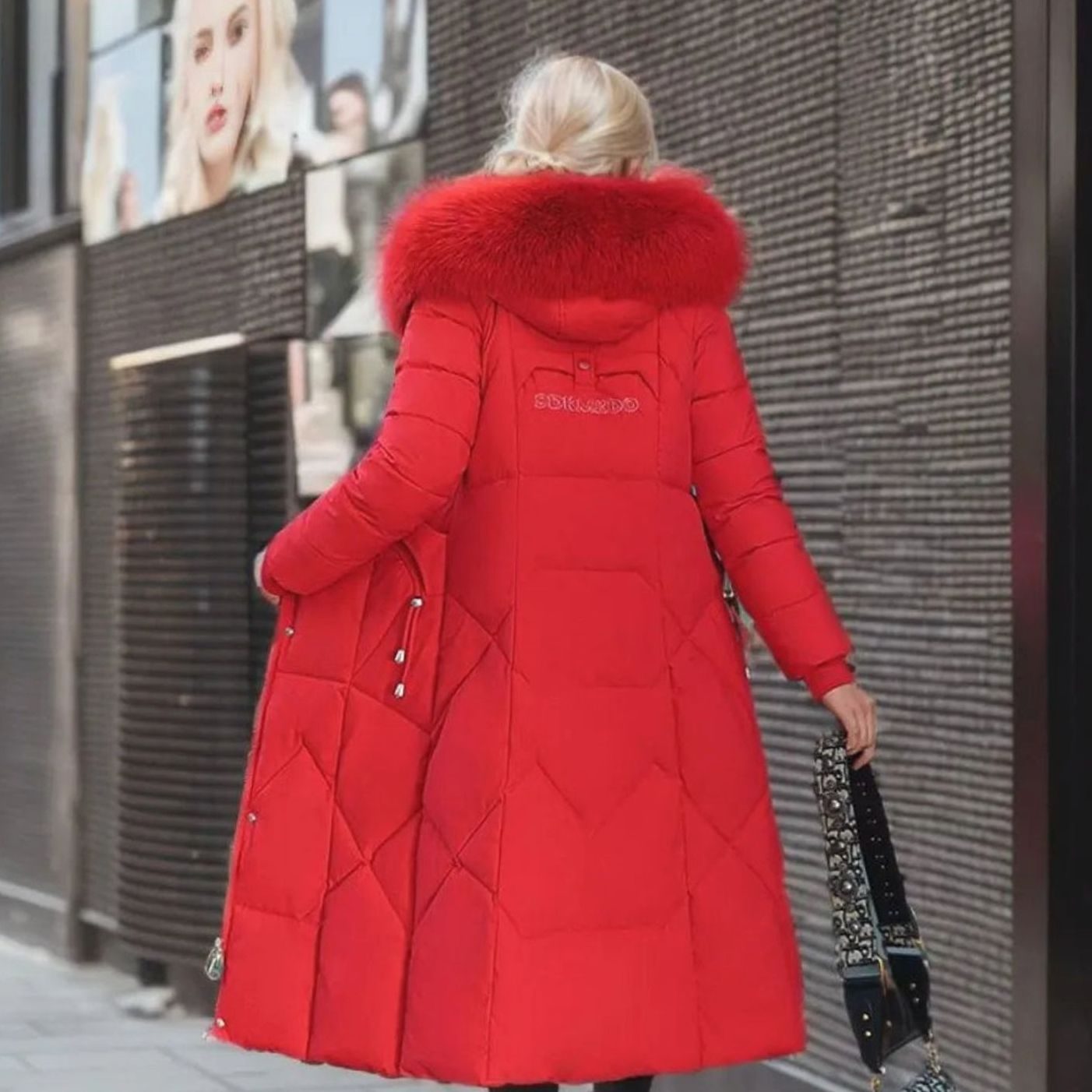 Women's Long Hooded Fur-Trim Quilted Coat