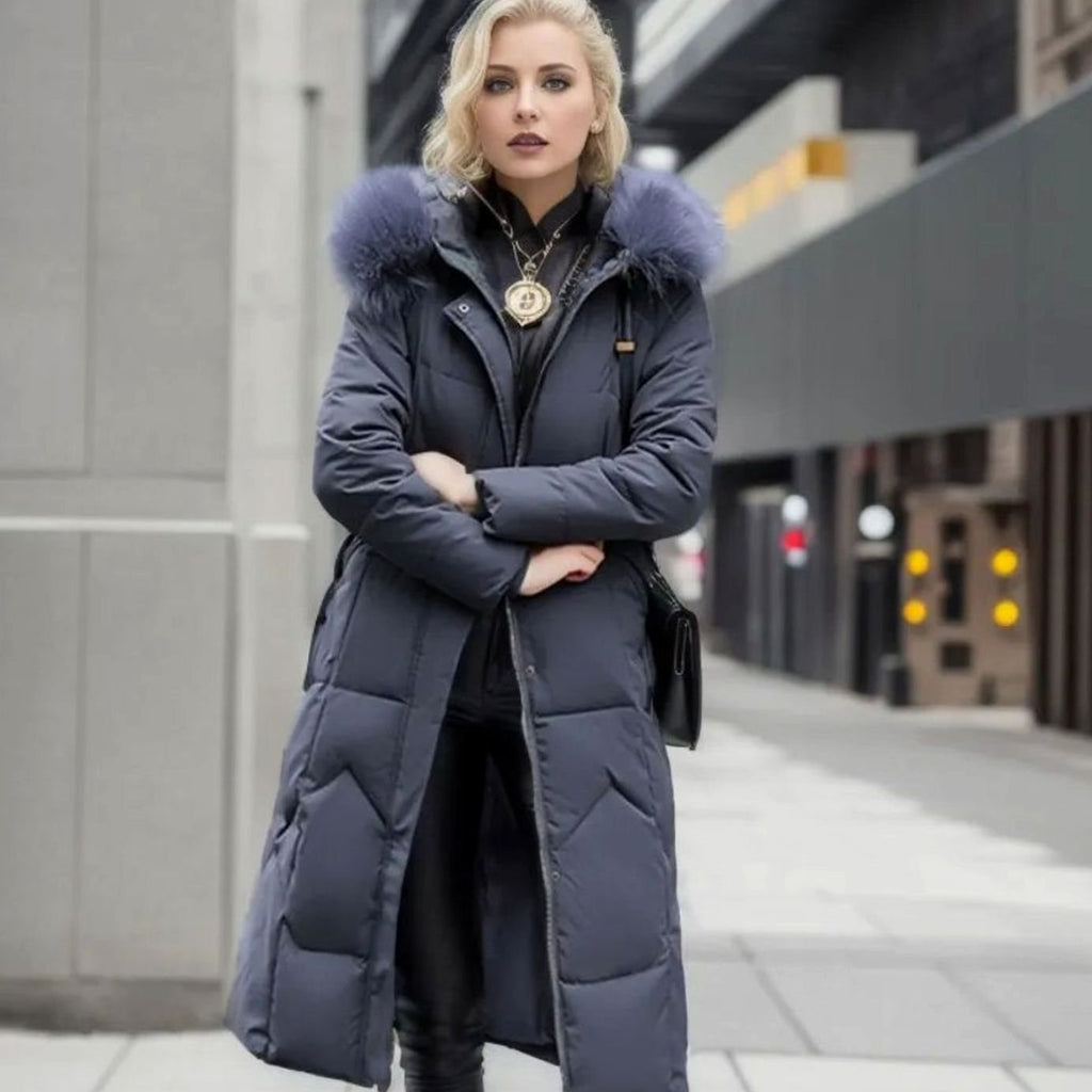 Women's Long Hooded Fur-Trim Quilted Coat - Gray