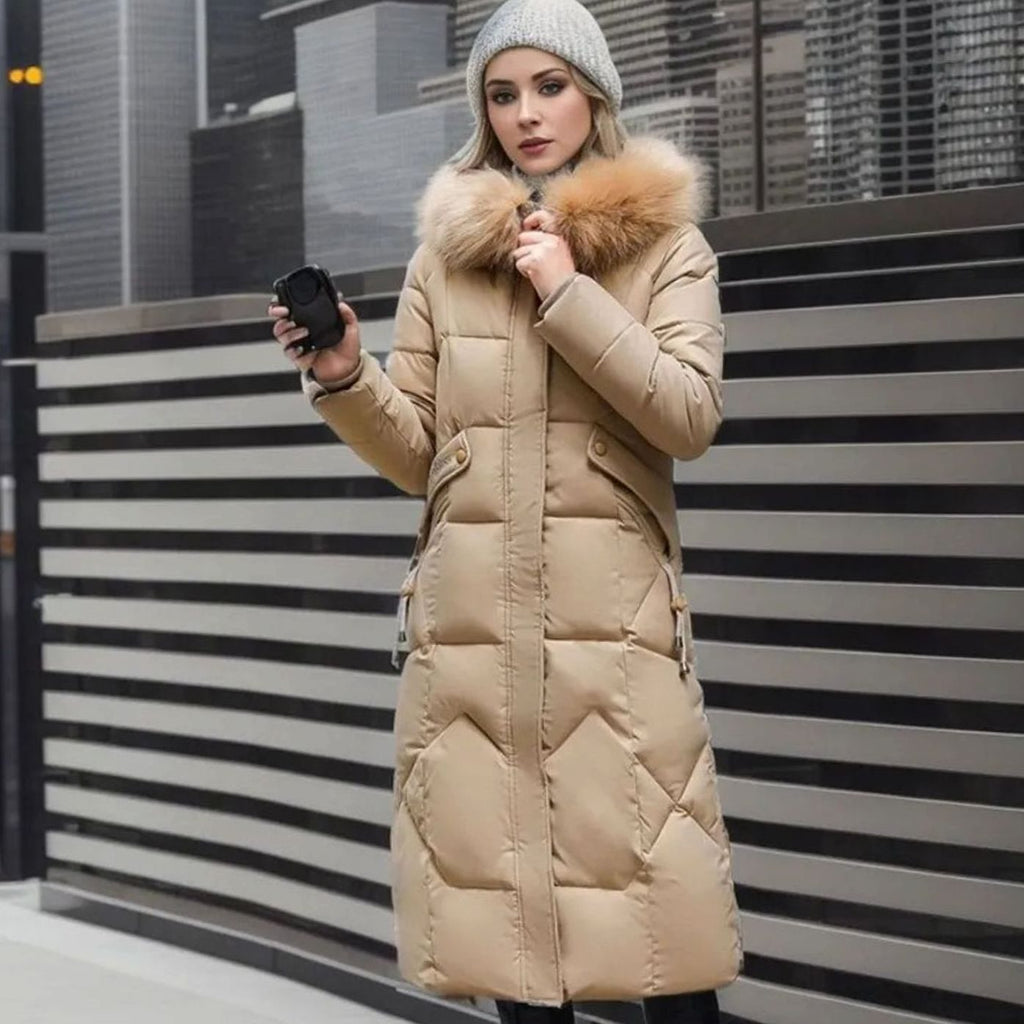 Women's Long Hooded Fur-Trim Quilted Coat - Khaki