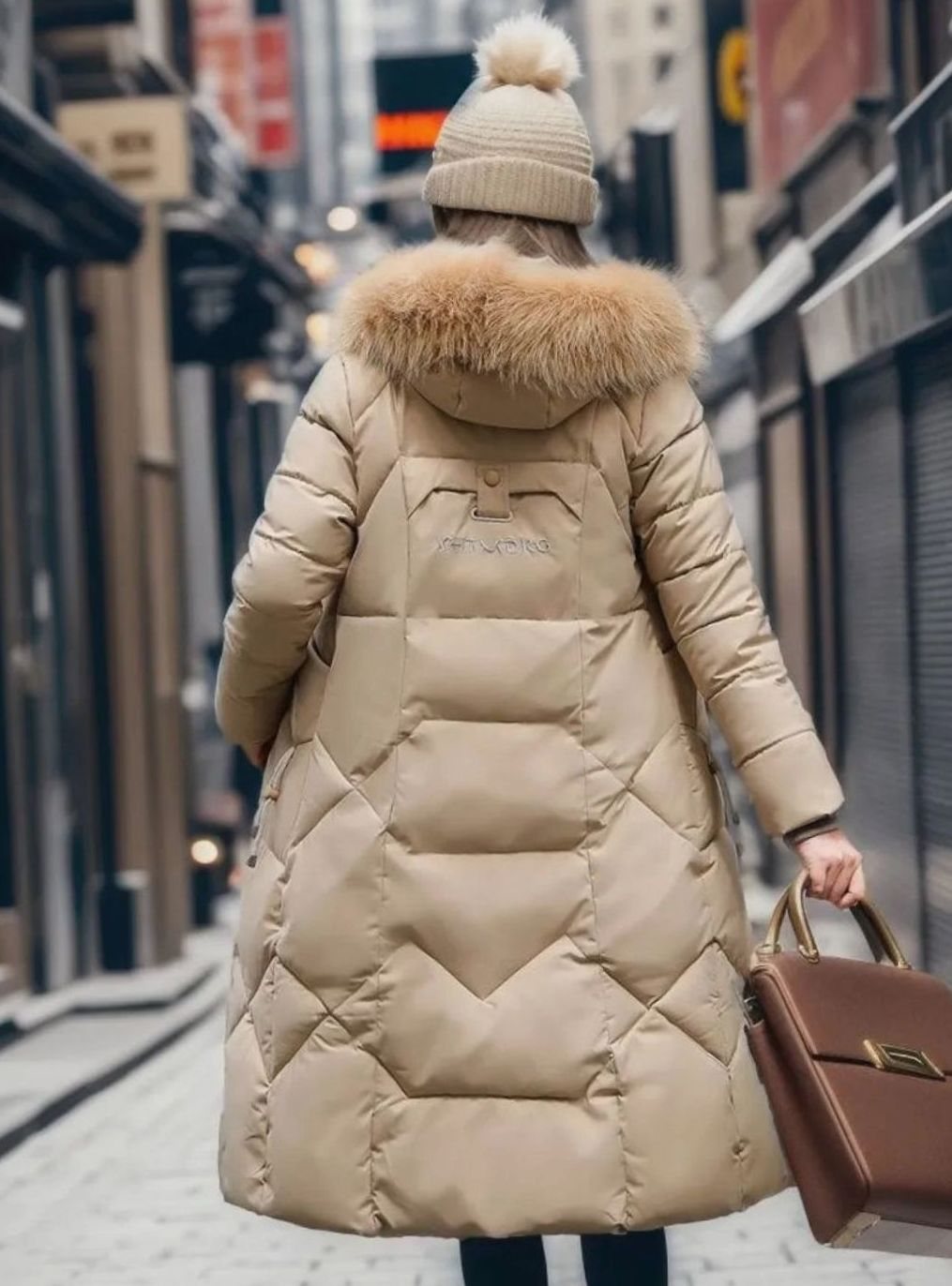 Women's Long Hooded Fur-Trim Quilted Coat