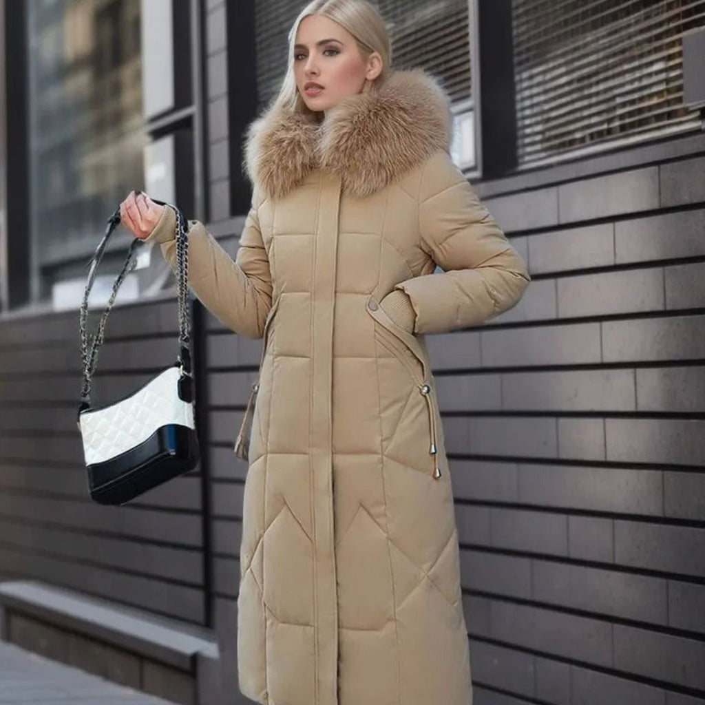 Women's Long Hooded Fur-Trim Quilted Coat