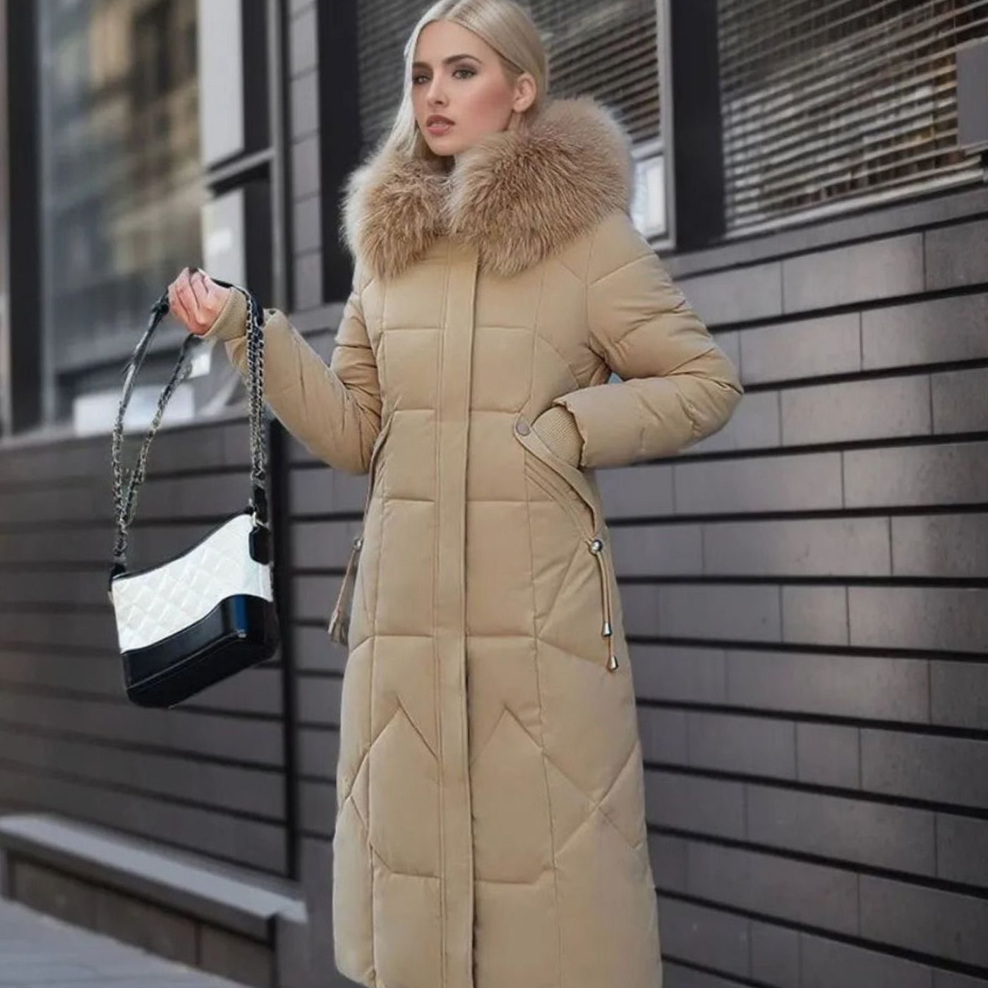 Women's Long Hooded Fur-Trim Quilted Coat