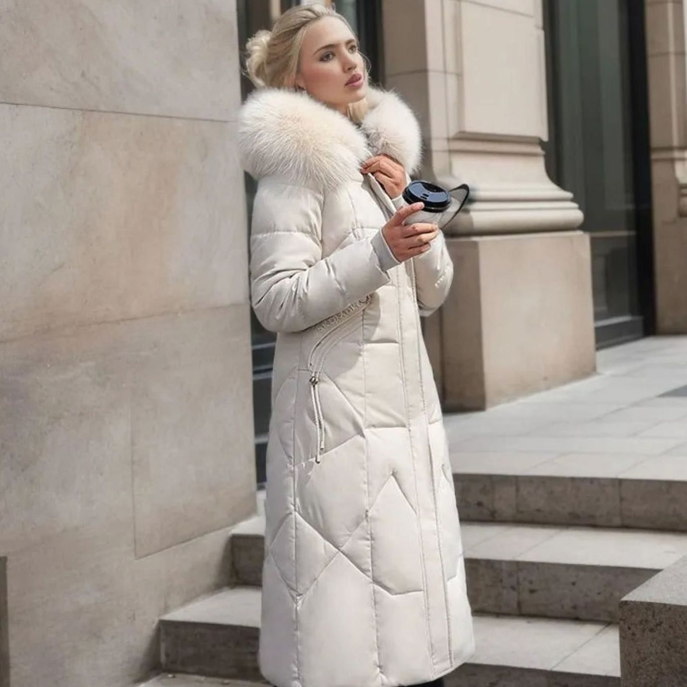 Women's Long Hooded Fur-Trim Quilted Coat