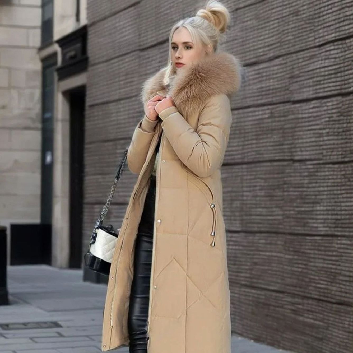 Women's Long Hooded Fur-Trim Quilted Coat