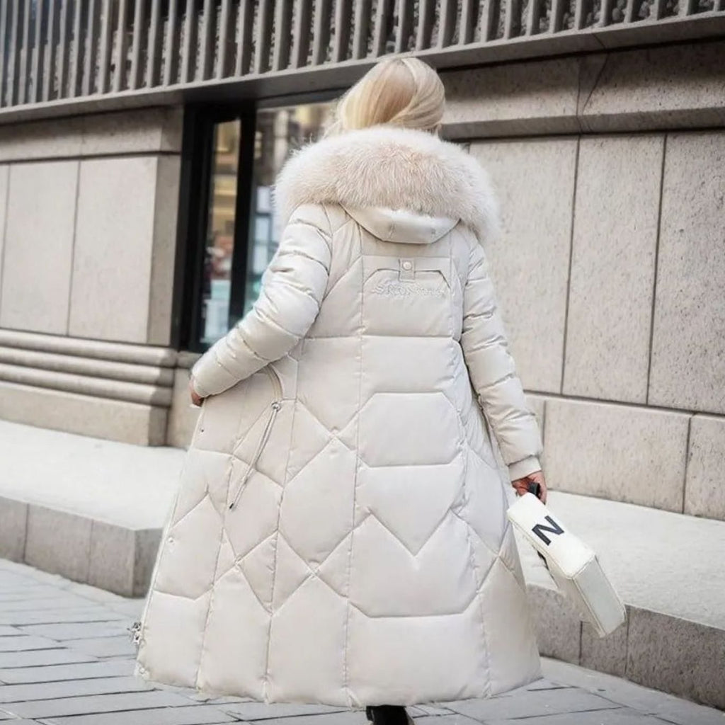 Women's Long Hooded Fur-Trim Quilted Coat