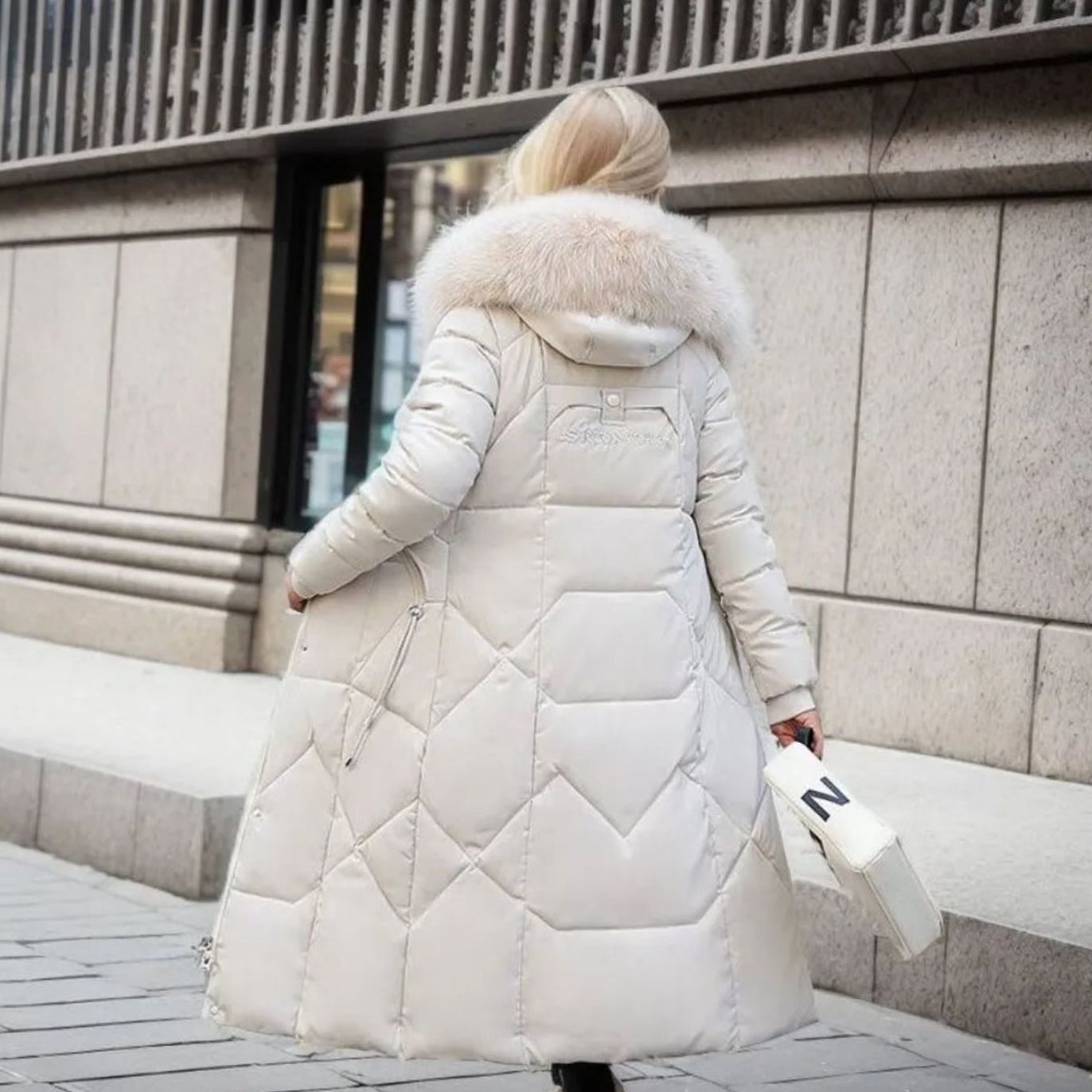 Women's Long Hooded Fur-Trim Quilted Coat