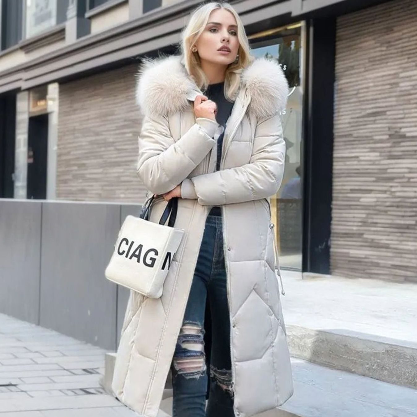 Women's Long Hooded Fur-Trim Quilted Coat - White