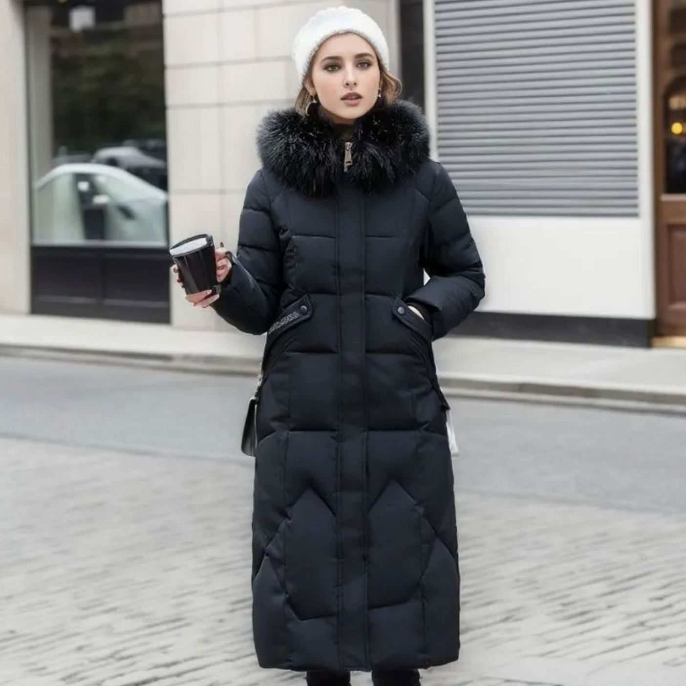 Women's Long Hooded Fur-Trim Quilted Coat