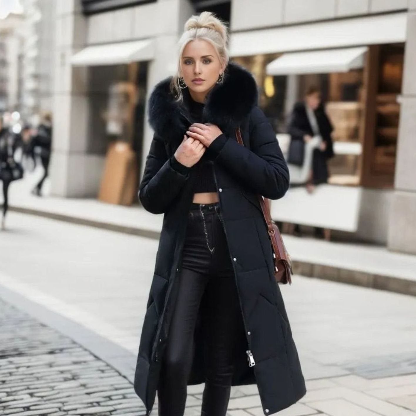 Women's Long Hooded Fur-Trim Quilted Coat