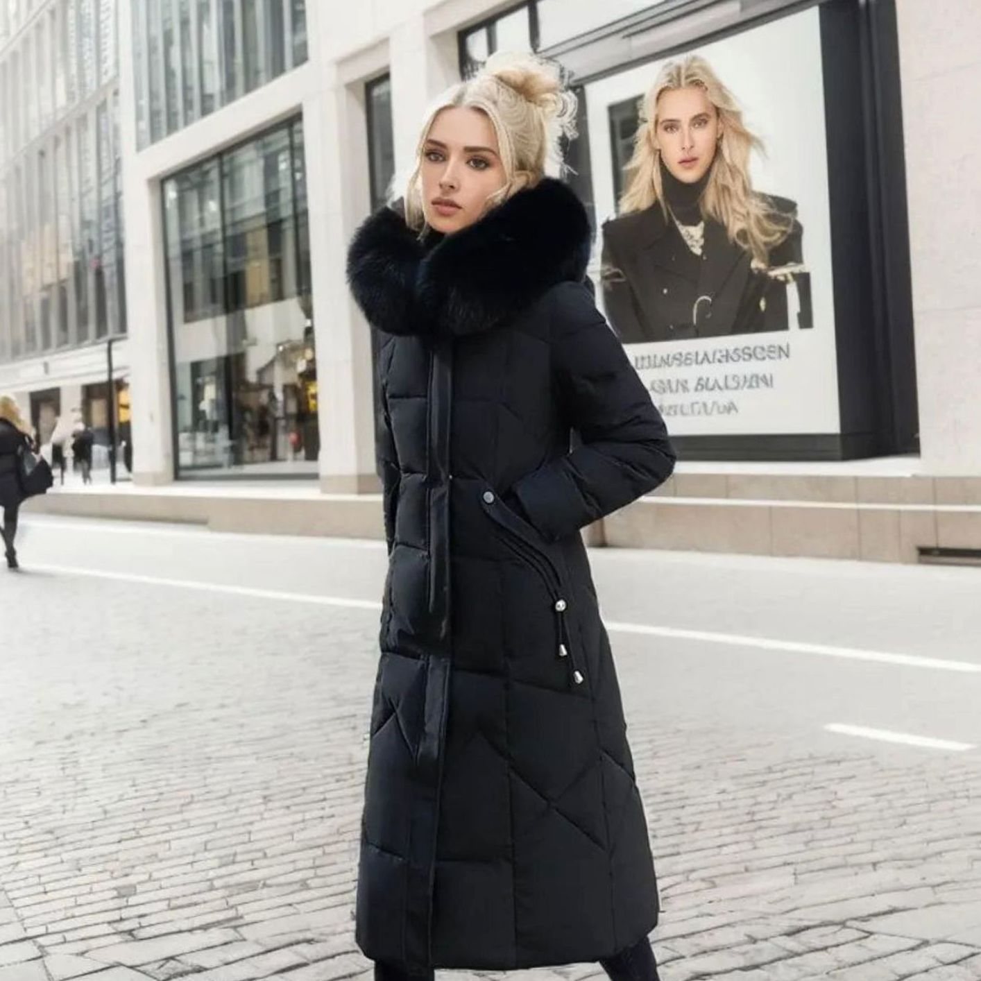 Women's Long Hooded Fur-Trim Quilted Coat