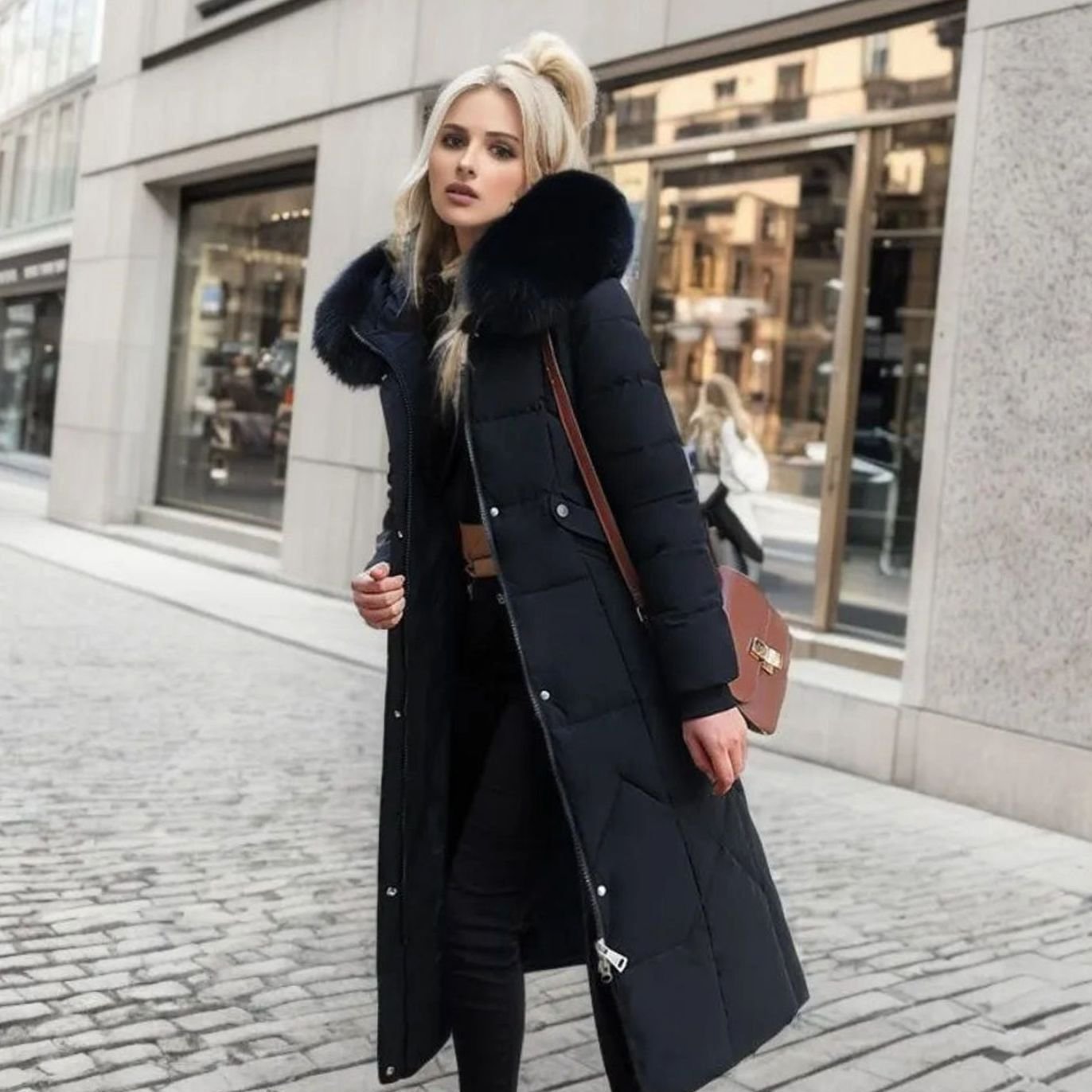 Women's Long Hooded Fur-Trim Quilted Coat - Black