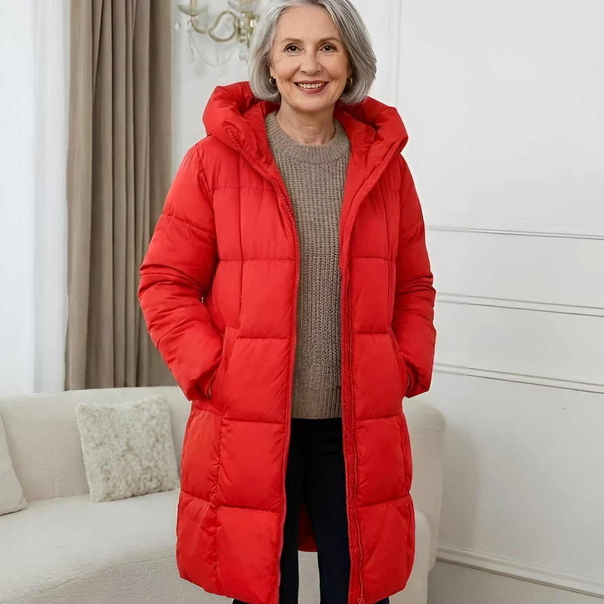 Women's Long Hooded Puffer Winter Coat Zip-Up Quilted - Red