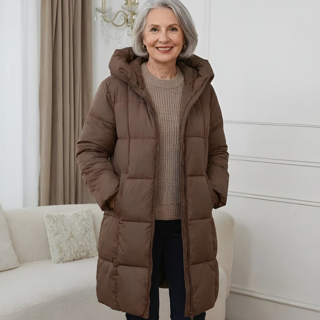 Women's Long Hooded Puffer Winter Coat Zip-Up Quilted - Chocolate