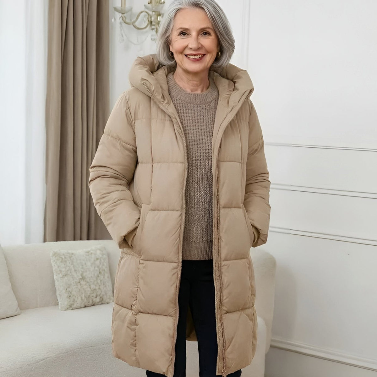 Women's Long Hooded Puffer Winter Coat Zip-Up Quilted - Camel