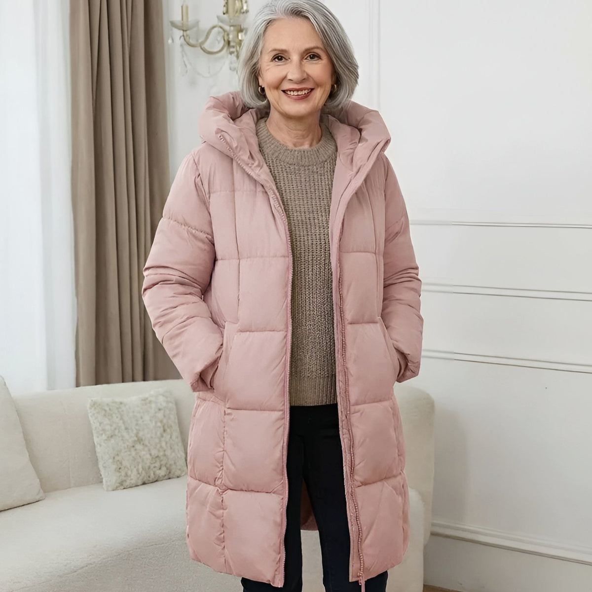 Women's Long Hooded Puffer Winter Coat Zip-Up Quilted - Blush Pink