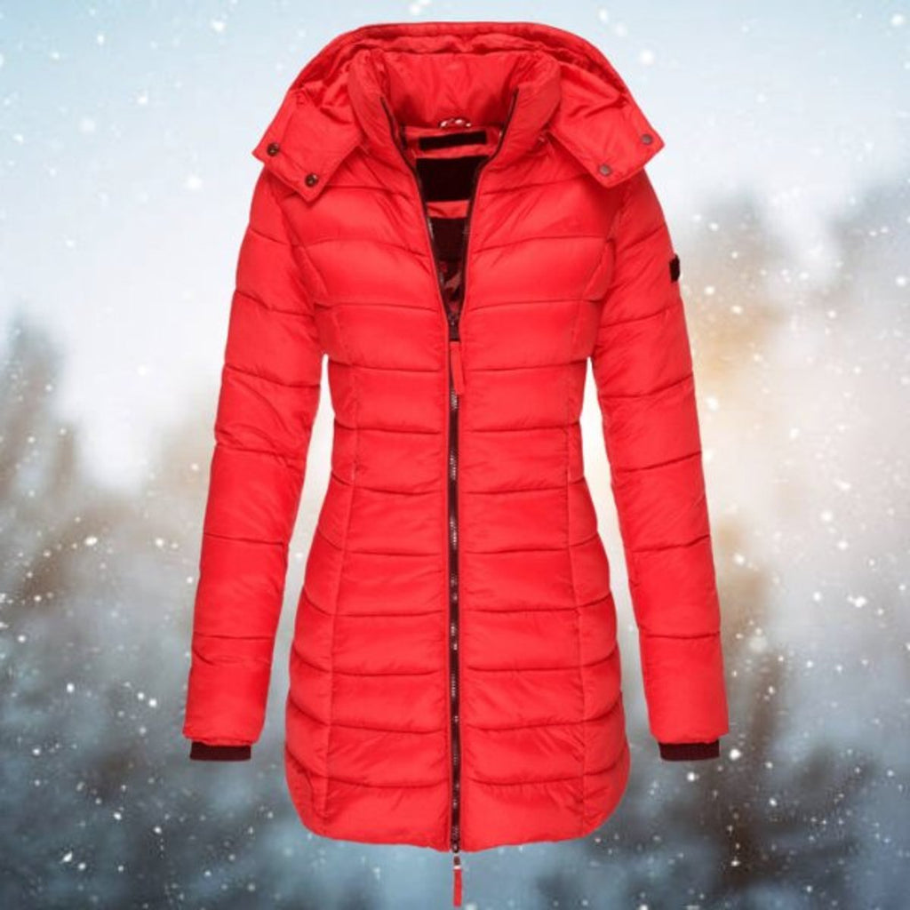 Women's Long Hooded Quilted Jacket Zip-Up Puffer Coat - Red