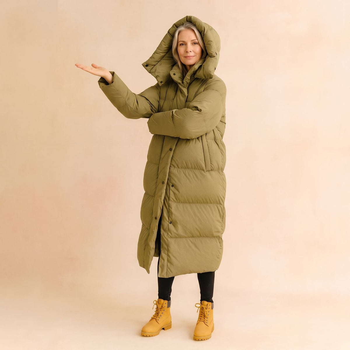 Women's Long Hooded Quilted Puffer Jacket Longline Winter Coat - Beige