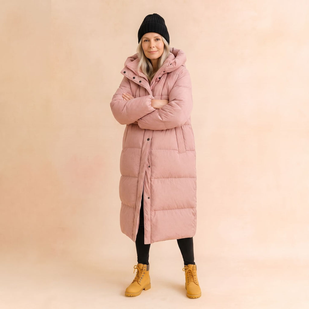 Women's Long Hooded Quilted Puffer Jacket Longline Winter Coat - Pink