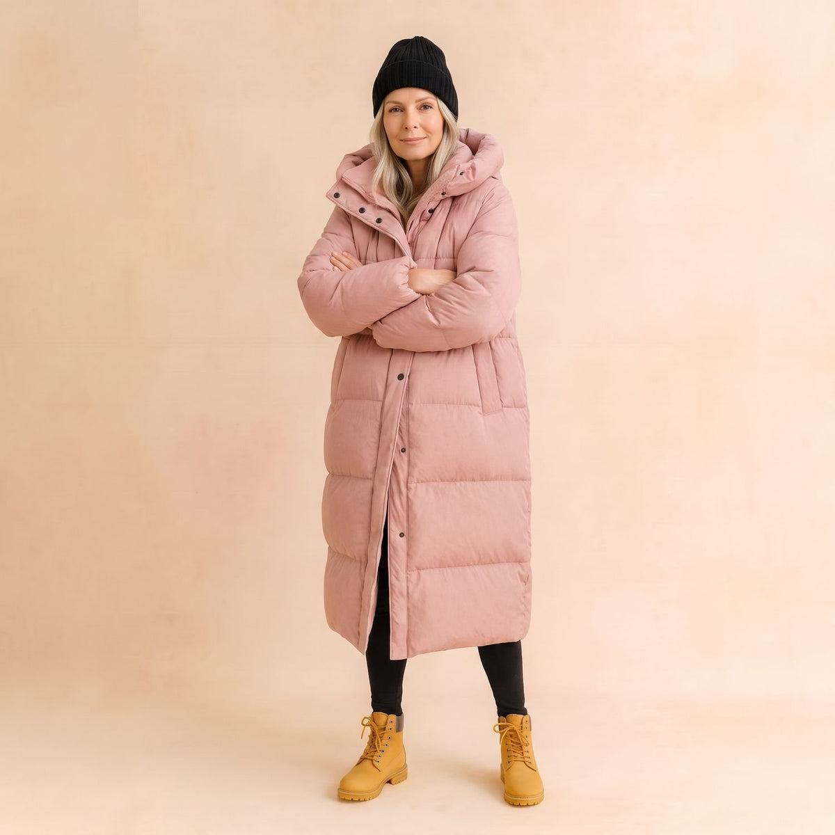 Women's Long Hooded Quilted Puffer Jacket Longline Winter Coat - Pink