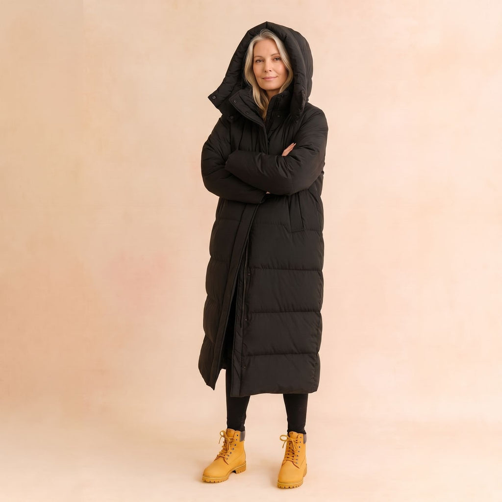 Women's Long Hooded Quilted Puffer Jacket Longline Winter Coat - Black