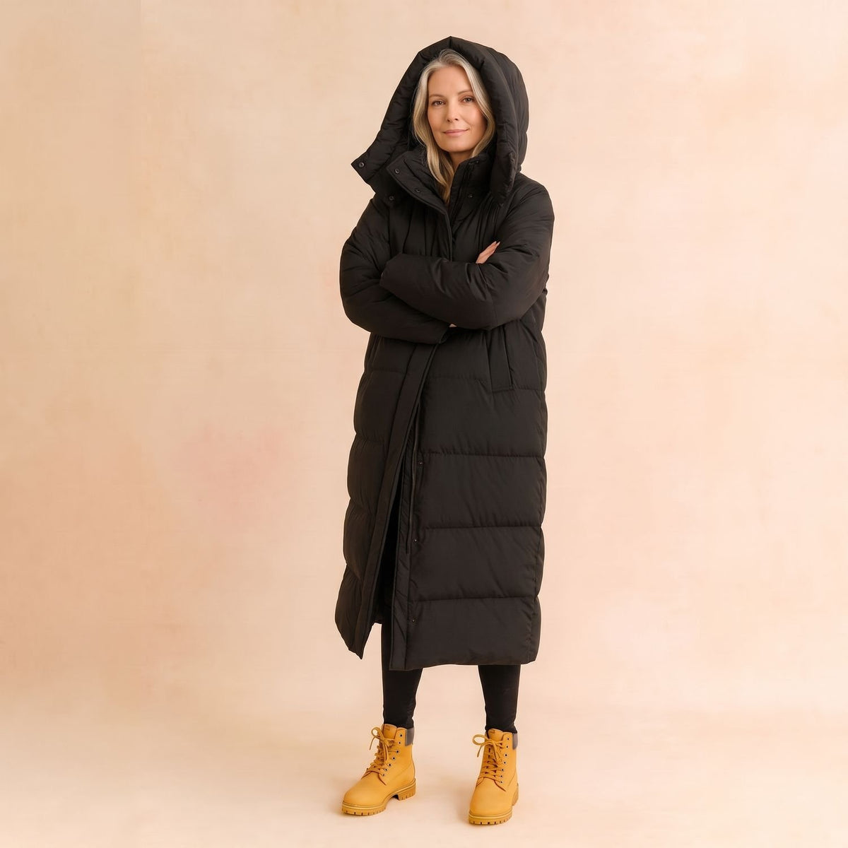 Women's Long Hooded Quilted Puffer Jacket Longline Winter Coat - Black