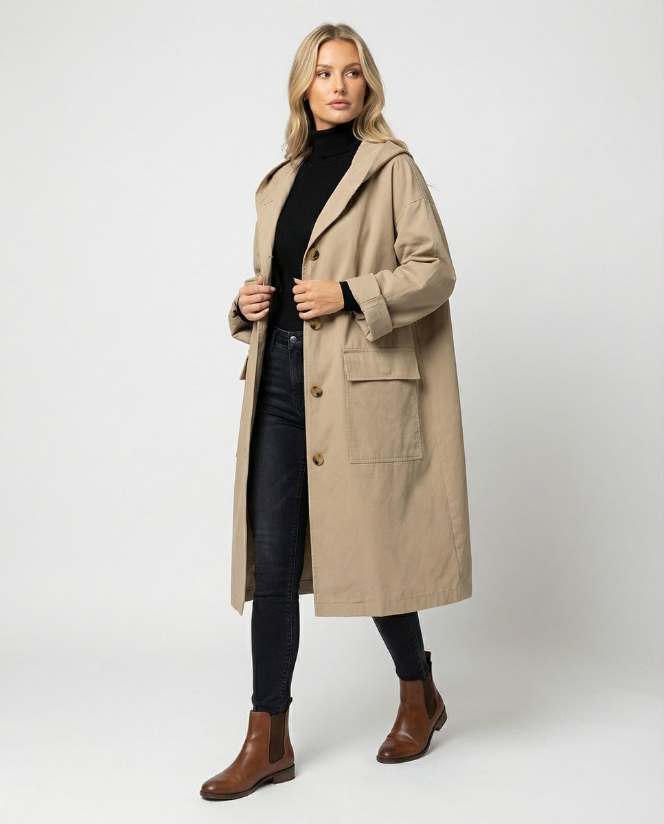 Women's Long Hooded Waterproof Windproof Trench Coat - Beige
