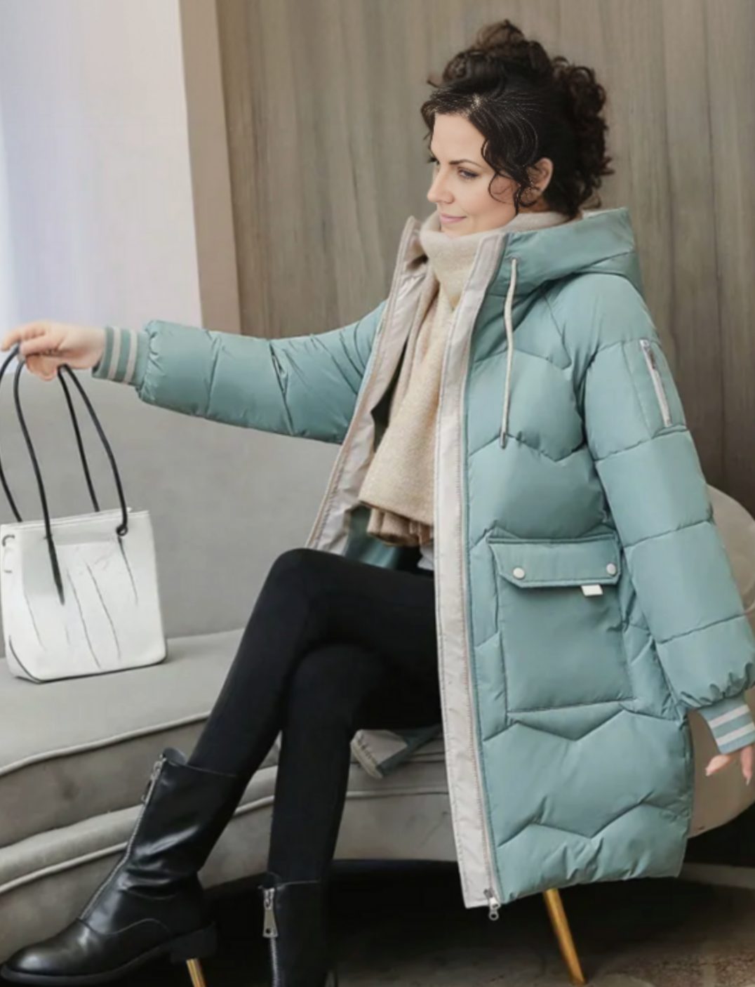Women's Long Insulated Hooded Puffer Winter Coat - Light Green