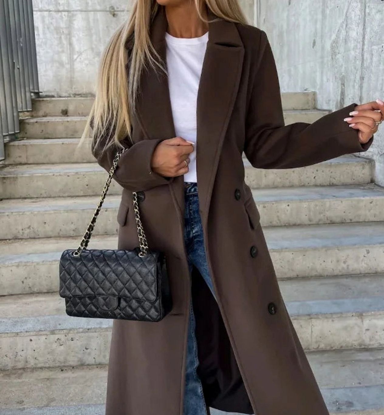 Women's Long Lapel Button Front Coat Double-Breasted Overcoat - Dark Brown