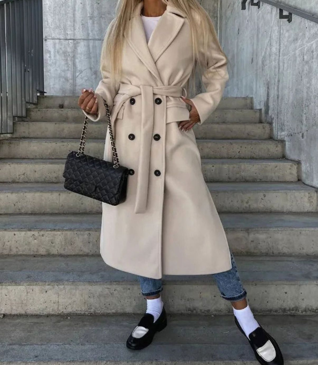 Women's Long Lapel Button Front Coat Double-Breasted Overcoat - Khaki