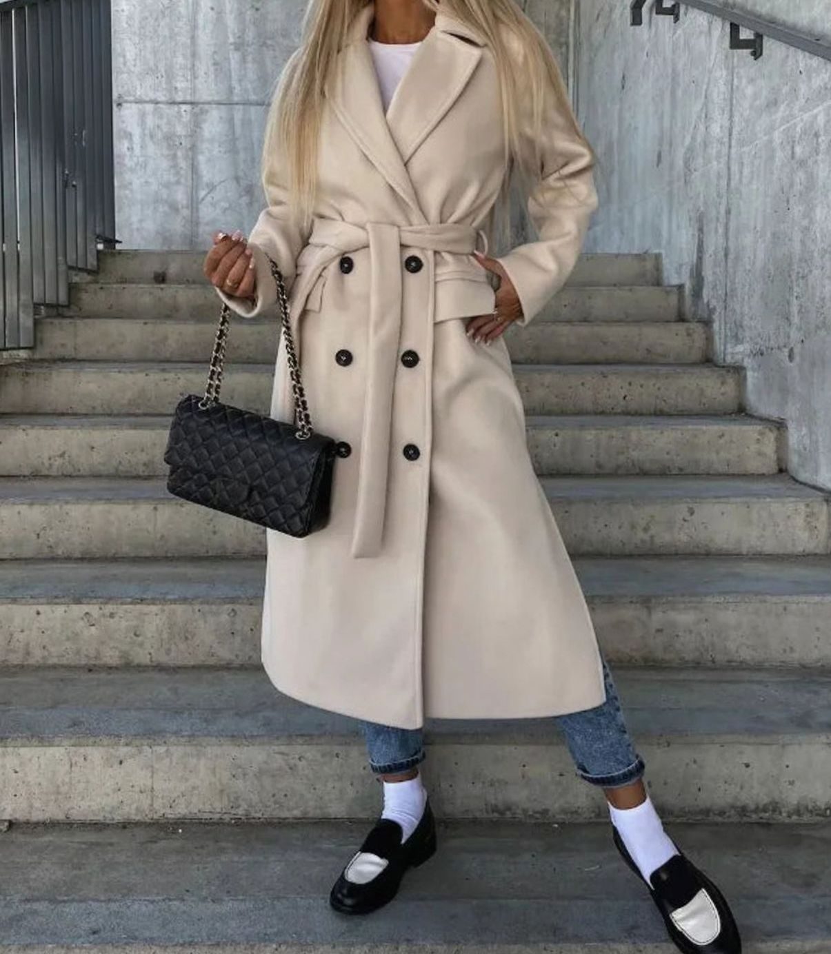 Women's Long Lapel Button Front Coat Double-Breasted Overcoat - Khaki