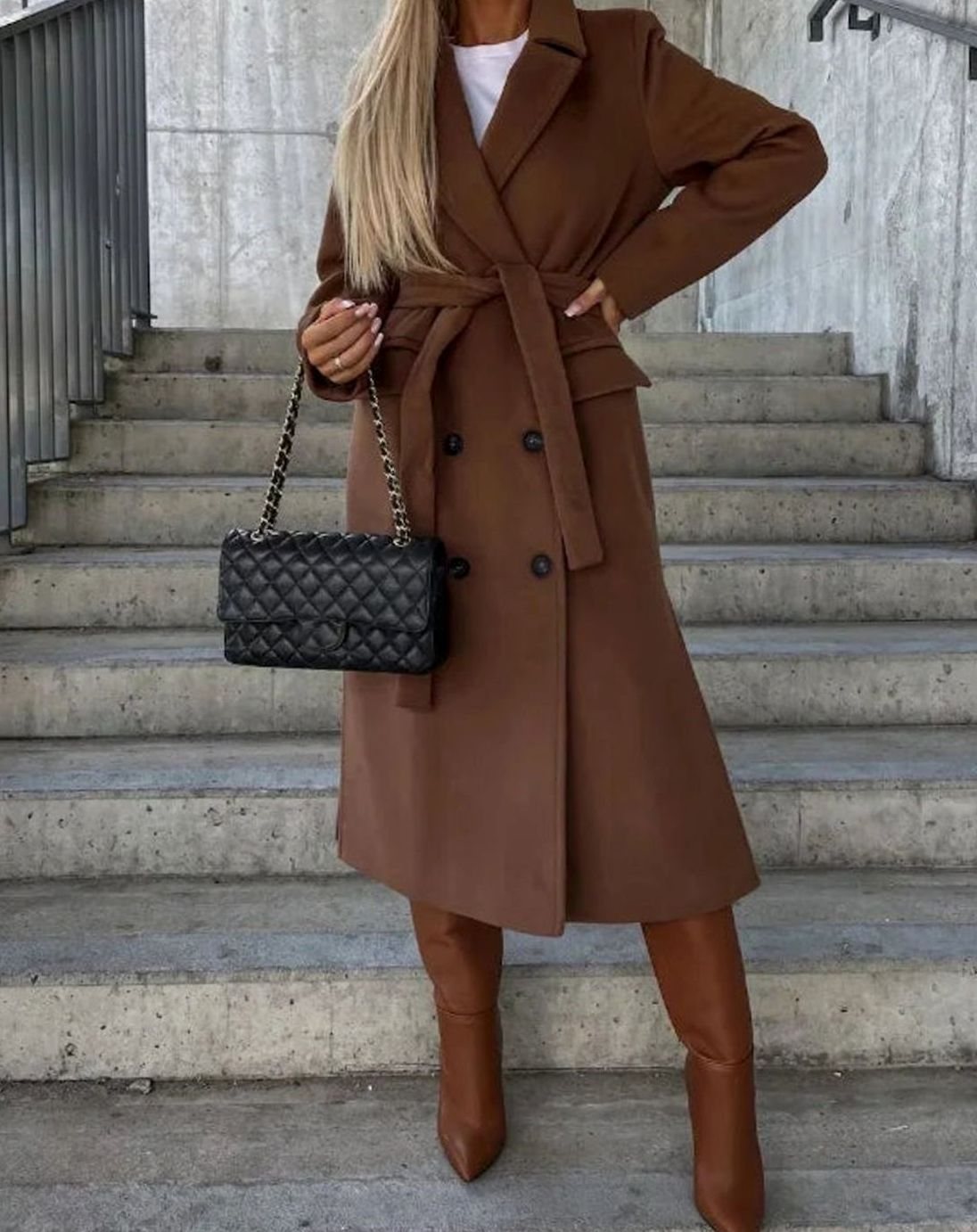 Women's Long Lapel Button Front Coat Double-Breasted Overcoat - Brown