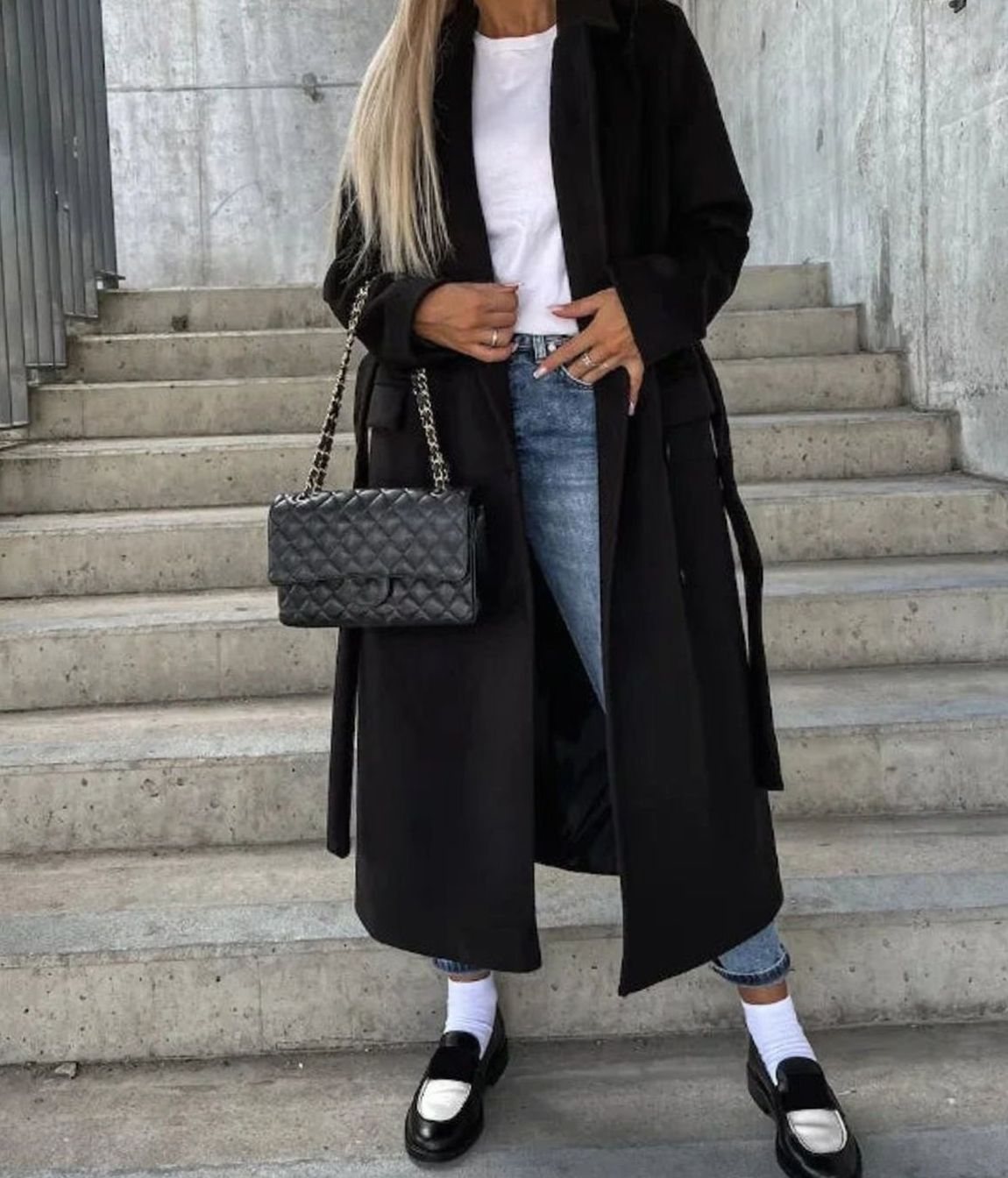 Women's Long Lapel Button Front Coat Double-Breasted Overcoat - Black