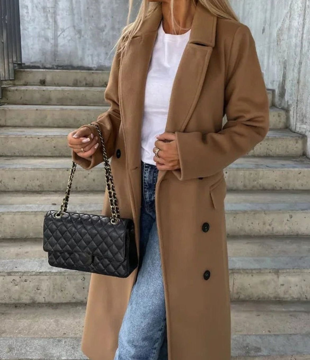 Women's Long Lapel Button Front Coat Double-Breasted Overcoat - Light Brown